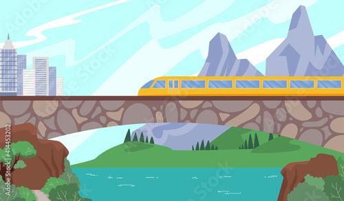 Modern speedy train on railway, travel speed, reliable city transport, trip to big town, design cartoon style vector illustration. Colorful mountain landscape, vehicle ride over bridge, business wagon