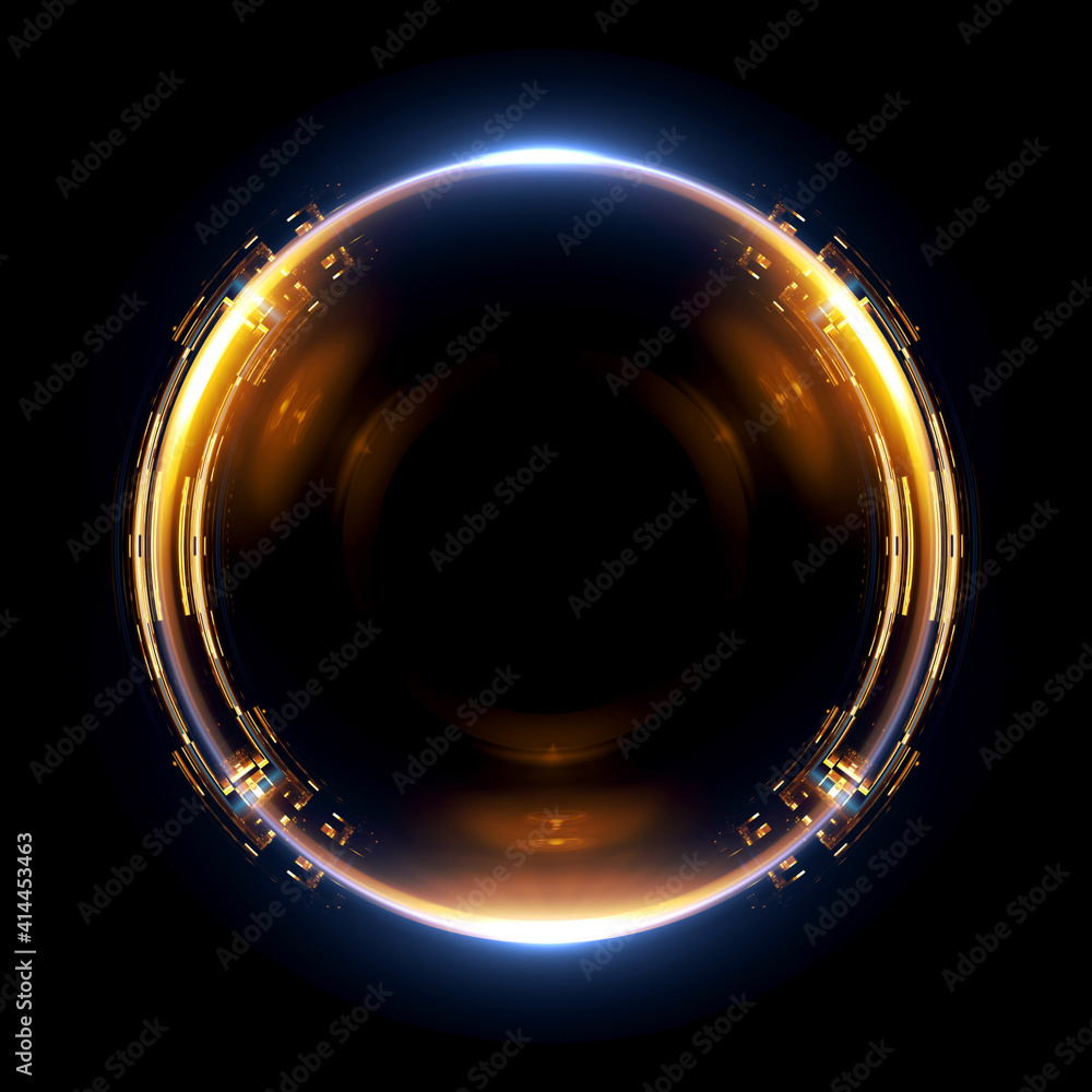 Vivid abstract background. Beautiful design of rotation frame.  .Mystical portal. Bright sphere lens. Rotating lines. Glow ring. .Magic neon ball. Led blurred swirl. Spiral glint lines. HUD