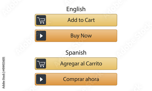ecommerce buttons in english and spanish, buy now and add to cart buttons, for ecommerce web pages
