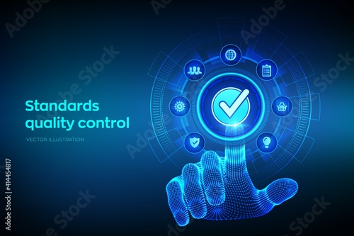 ISO standards quality control assurance warranty business technology concept. ISO standardization certification industry service concept. Robotic hand touching digital interface. Vector illustration.