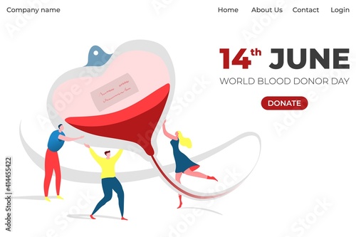 World donor day information landing, banner with inscription on website, cartoon style vector illustration, isolated on white. Poster calling to help hospital, unforeseen emergency, tiny people.