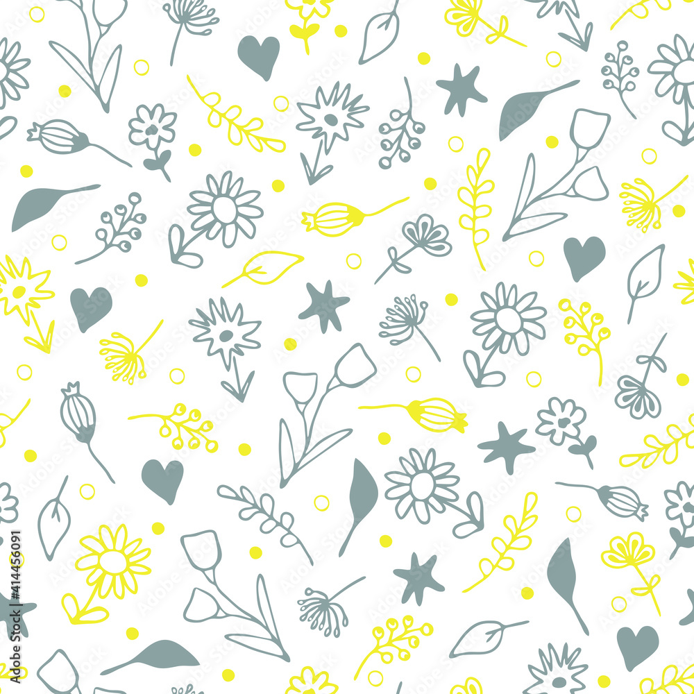 Seamless vector pattern with small flowers on white background. Simple hand drawn floral wallpaper design. Summer garden fashion textile.