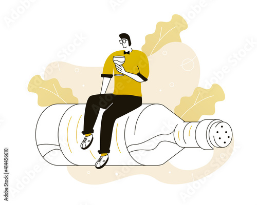 A male sommelier sits on bottles of wine and tastes new flavours. Restaurant concept. 
Vector illustration  for telework, remote working and freelancing concept, business, start up