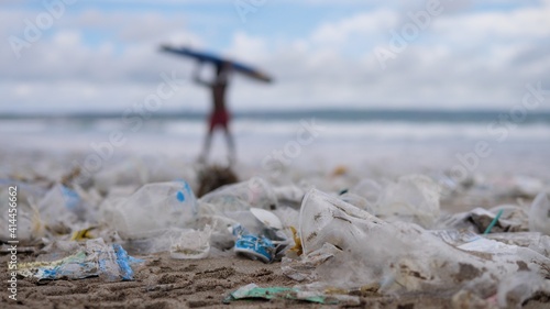 Environmental pollution caused by people. Tons of plastic trash left on the beach.