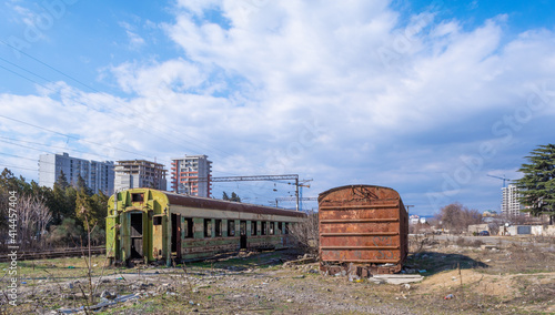 Georgia, Tbilisi. Railway junction. Old railway cars. Freight and passenger wagons out of service.