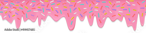 Doughnut glaze. Sweet donut cream. Seamless pattern. 3d realistic vector. Seamless wide pink candy background with decorative sprinkles.