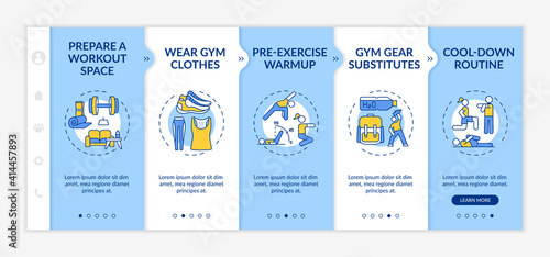 At-home physical training tips onboarding vector template. Preparing workout space. Pre-exercises warmup. Responsive mobile website with icons. Webpage walkthrough step screens. RGB color concept