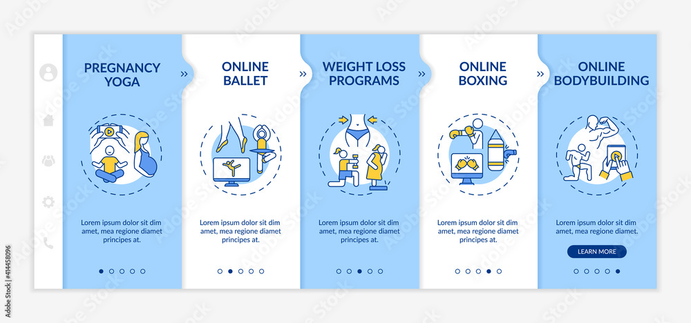 Top online physical training programs onboarding vector template. Pregnancy yoga. Weight loss program. Responsive mobile website with icons. Webpage walkthrough step screens. RGB color concept