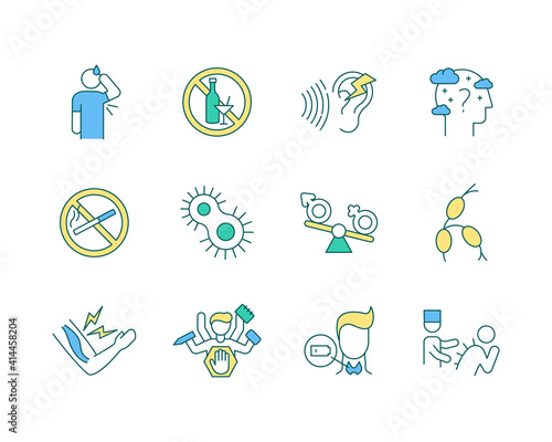 Illnesses and health conditions RGB color icons set. Work-related stress. Thyroid problems. Cognitive impairment. Musculoskeletal pain. Voice disorders. Full-body exam. Isolated vector illustrations