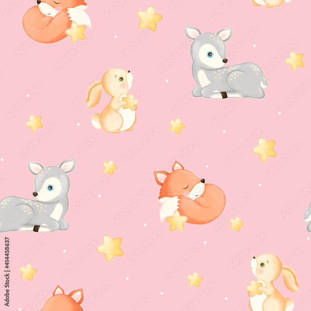 seamless pattern for baby newborn blanket milestone, stars and cute little animals, baby animals, deer hare rabbit fox