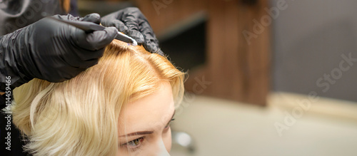 Print op canvas A closeup head of a young blonde woman receiving dyeing hair in a hair salon