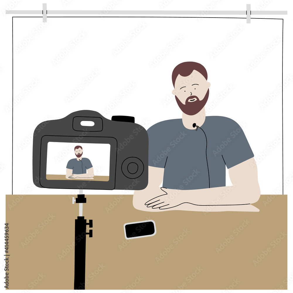 Vector handdrawn equipment for a vlogging. Blogger man making records to camera isolated on white background.