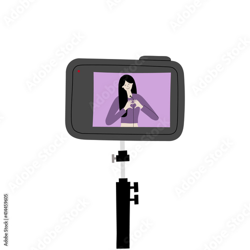 Vector handdrawn illustration of blogging, vlogging equipment. Female blogger recording a video on the camera screen isolated on white background.