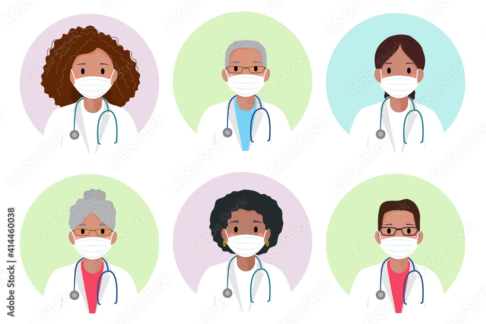 African American female and male physician in a medical face mask avatar. Healthcare personal. Therapist. Hospital nurse. Flat style vector. Black doctor in medical mask, white coat and a stethoscope. African American female and male physician in a medical face mask avatar. Healthcare personal. Therapist. Hospital nurse. Flat style vector. Black doctor in medical mask, white coat and a stethoscope.