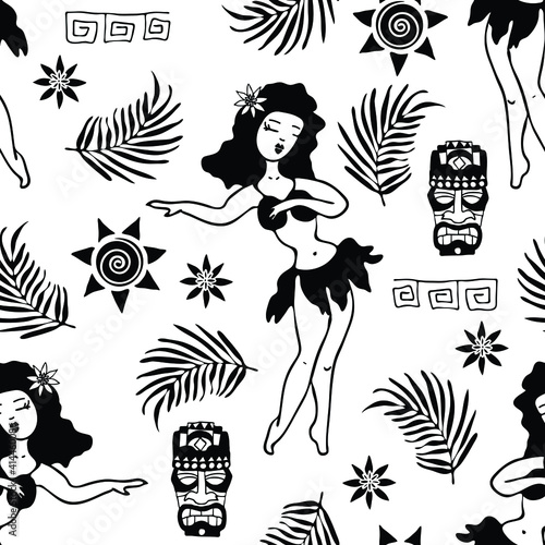 Seamless vector pattern with aloha girl on white background. Simple tropical holiday sketch wallpaper design. Happy Hawaii summer fashion textile.