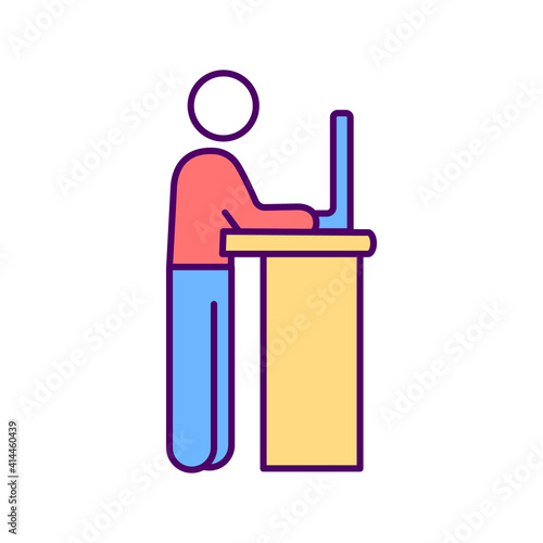 Standing workstation RGB color icon. Healthy posture. Fixed-height desk. Proper ergonomic set-up. Health improvement. Standing desks. Sedentary work environment reduction. Isolated vector illustration