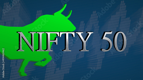 The stock market index NIFTY 50, National Stock Exchange of India, is bullish. The green bull and an ascending chart with a blue background behind the silver headline symbolizes a price surge.