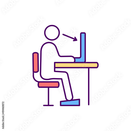 Supporting correct posture RGB color icon. Healthy back. Correct sitting position in workplace. Slouching prevention. Reducing neck and back strain. Footrest. Isolated vector illustration