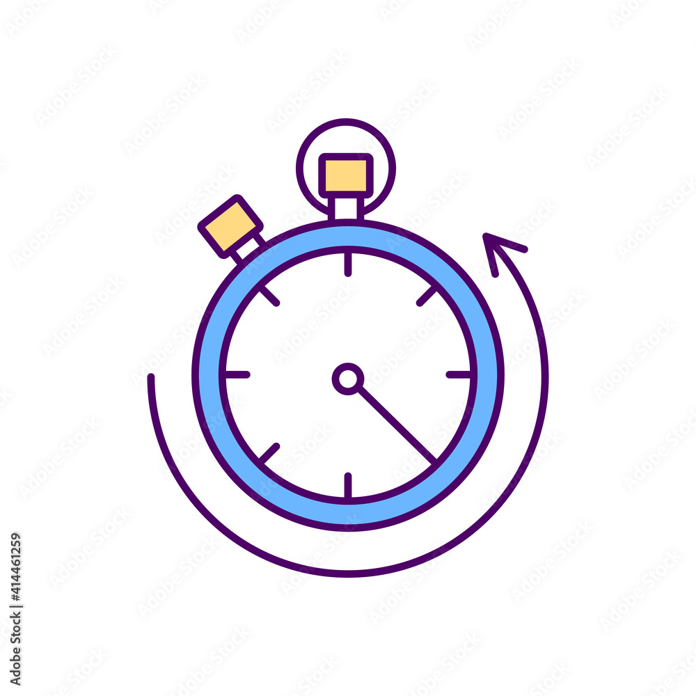 Stopwatch RGB color icon. Countdown timer. Measuring time amount. Training and competitions. Timing sports. Handheld timepiece. Interval measurement. Timing mechanism. Isolated vector illustration Stopwatch RGB color icon. Countdown timer. Measuring time amount. Training and competitions. Timing sports. Handheld timepiece. Interval measurement. Timing mechanism. Isolated vector illustration