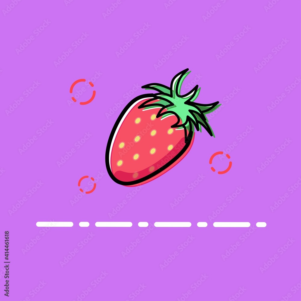 Vector illustration of strawberry with color out of the line and surrounded by bubbles in incomplete icon style. Colored fruit icon. Fruit mascot design.