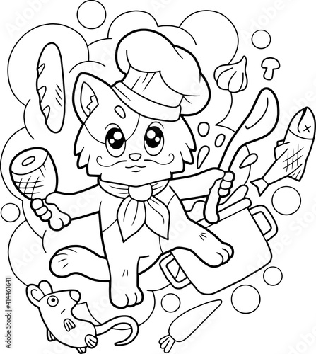 cute cartoon cat chef, coloring book, funny illustration