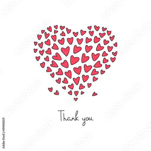 Thank you card. Doodle illustration of big heart made of little doodle hearts with hand written wish. Vector 10 EPS.