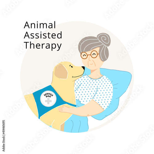 Animal Assisted Therapy Service Dog Comforting an Old Lady Vector Illustration