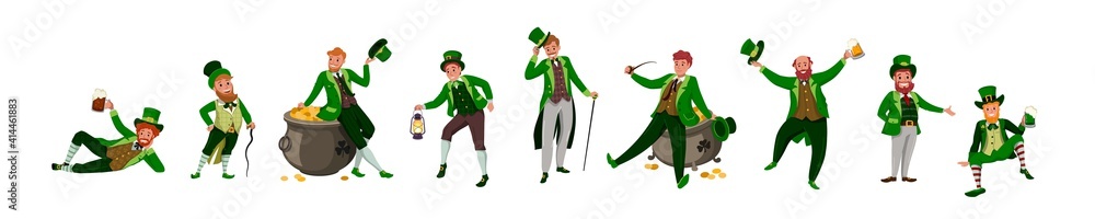 Irish fantastic character leprechaun set in different poses. Saint Patrick's day vector cartoon characters on white background