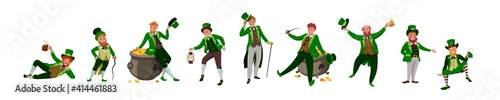 Irish fantastic character leprechaun set in different poses. Saint Patrick's day vector cartoon characters on white background