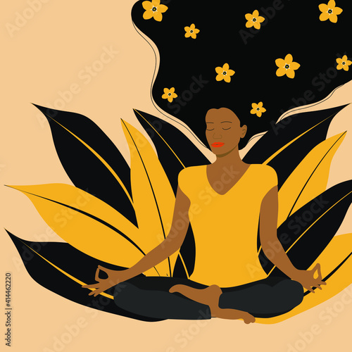 A sports girl with long hair sits in a lotus position and meditates. Mentally dreams and feels lightness. Yoga in nature. Yellow and black. Vector graphics.