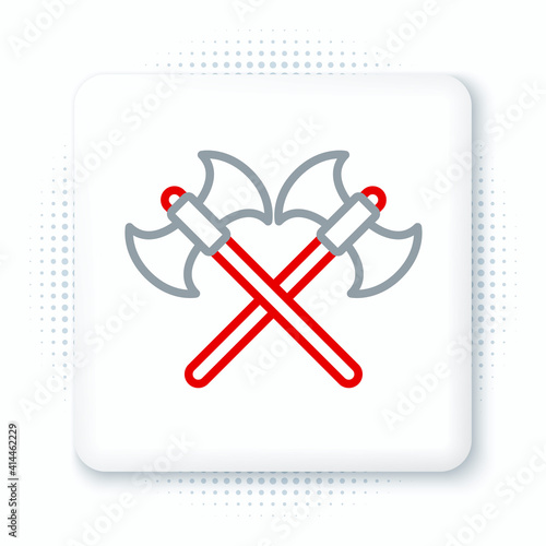 Line Crossed medieval axes icon isolated on white background. Battle axe, executioner axe. Colorful outline concept. Vector.