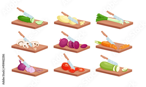 Vegetable slices with kitchen knife isometric set, fresh raw sliced vegetables on board