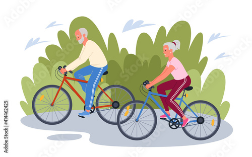 Elderly senior people cycling in park, cyclist grandfather grandmother ride bicycles
