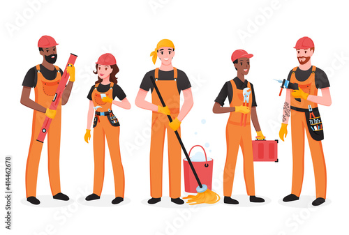 Repairman team of people set, happy workers of maintenance repair service standing