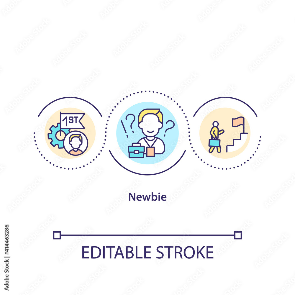 Newbie concept icon. Career advancement. Job opportunity. Corporate work. Employee adaptation. New worker idea thin line illustration. Vector isolated outline RGB color drawing. Editable stroke
