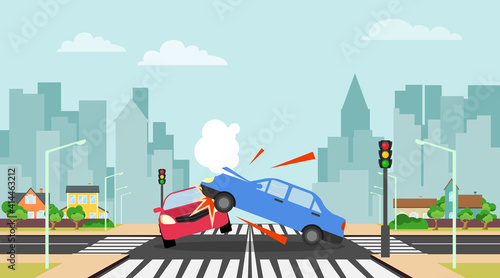 Accident, collision of two cars against the background of a cityscape. Vector, cartoon illustration. Vector.