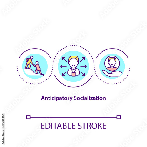 Anticipatory socialization concept icon. Social interaction in office. Employee adaptation. New worker idea thin line illustration. Vector isolated outline RGB color drawing. Editable stroke