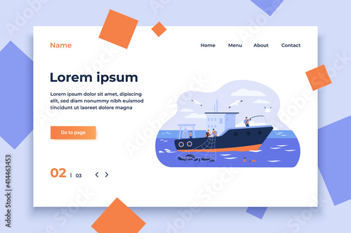 Professional fishermen working in vessel isolated flat vector illustration. Cartoon fishers catching fish and using net in ship. Commercial fishing industry concept
