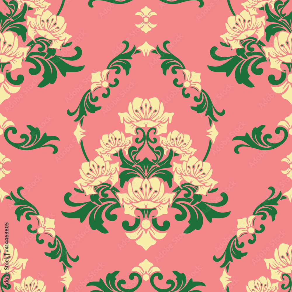 Seamless vector pattern with romantic flowers on pink background. Rococo floral wallpaper design with lilies. Decorative baroque fashion textile. Seamless vector pattern with romantic flowers on pink background. Rococo floral wallpaper design with lilies. Decorative baroque fashion textile.