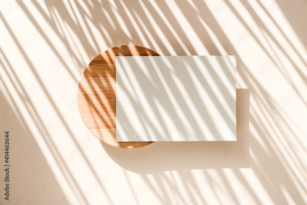 Card on beige background with shadows shape palm leaves. Minimal concept mock up background.