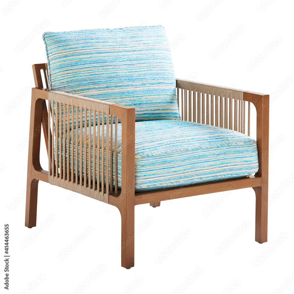 Outdoor Lounge Chair with Teal Blue Cushion Set Isolated on White