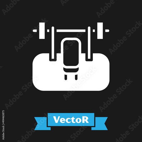 White Bench with barbel icon isolated on black background. Gym equipment. Bodybuilding, powerlifting, fitness concept. Vector.