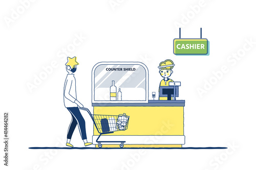 Living new normal life style, shops use counter shield and staff wearing clear masks. With customers wearing medical masks