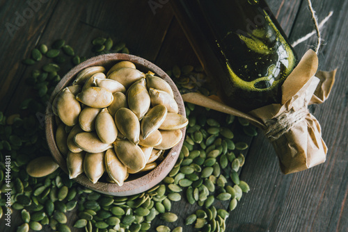 Ecological products. Pumpkin oil, pumpkin seeds. Healthy eating. Natural products.