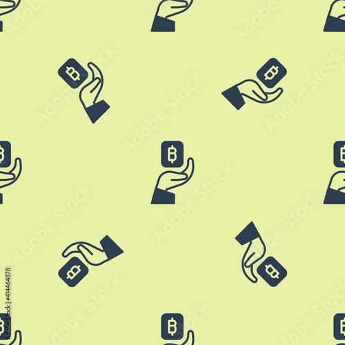 Blue Hand holding Bitcoin icon isolated seamless pattern on yellow background. Blockchain technology, digital money market, cryptocoin wallet. Vector.