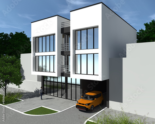3d render of a modern private house in the city