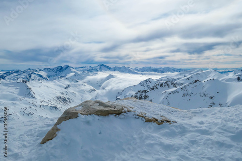 Beautiful and serene landscape of mountains covered with snow in Moelltaler Gletscher, Austria. Thick snow covers the slopes. Clear weather. Massive skiing resort. Glacier skiing. Tall sharp mountains photo