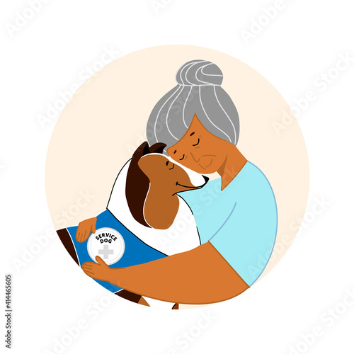 Old Lady and Service Dog Alternative Medical Treatment Poster Vector Illustration