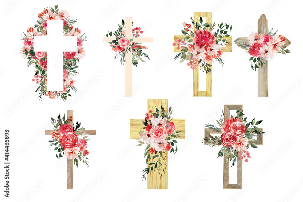 Watercolor Flower Cross, Wood Cross, Baptism, Floral Clipart, First