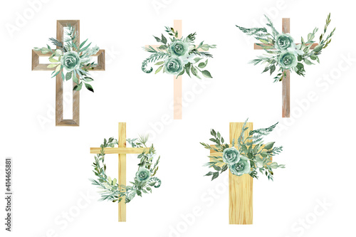 Watercolor Flower Cross, Wood Cross, Baptism, Floral Clipart, First Communion, H Fototapeta